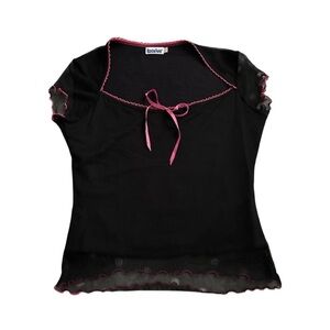 90s black mesh top with pink contrast picot trim & little bow